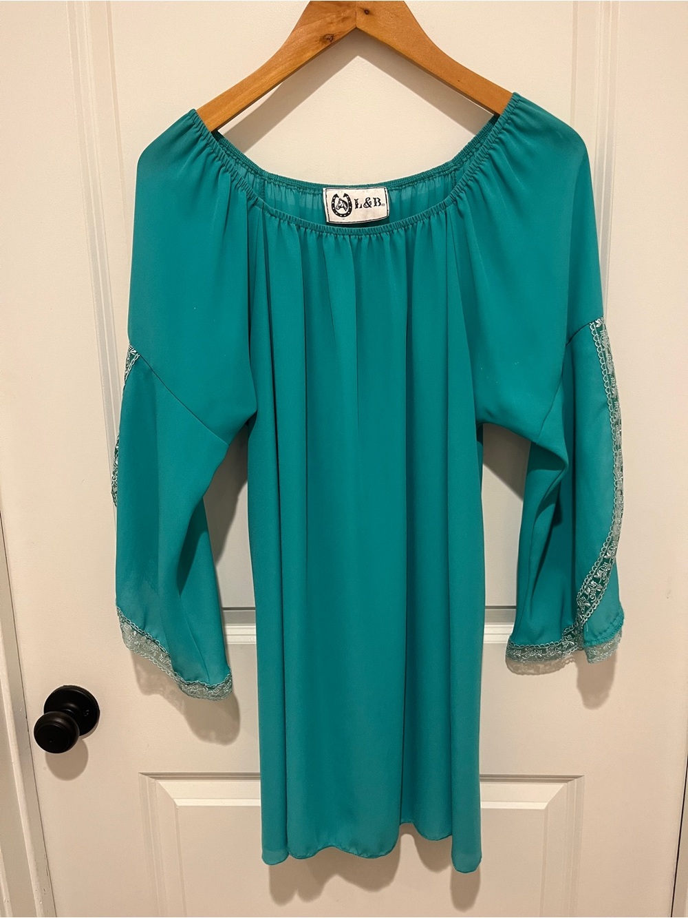 L&B Teal Off-Shoulder minidress  with Lace Trim